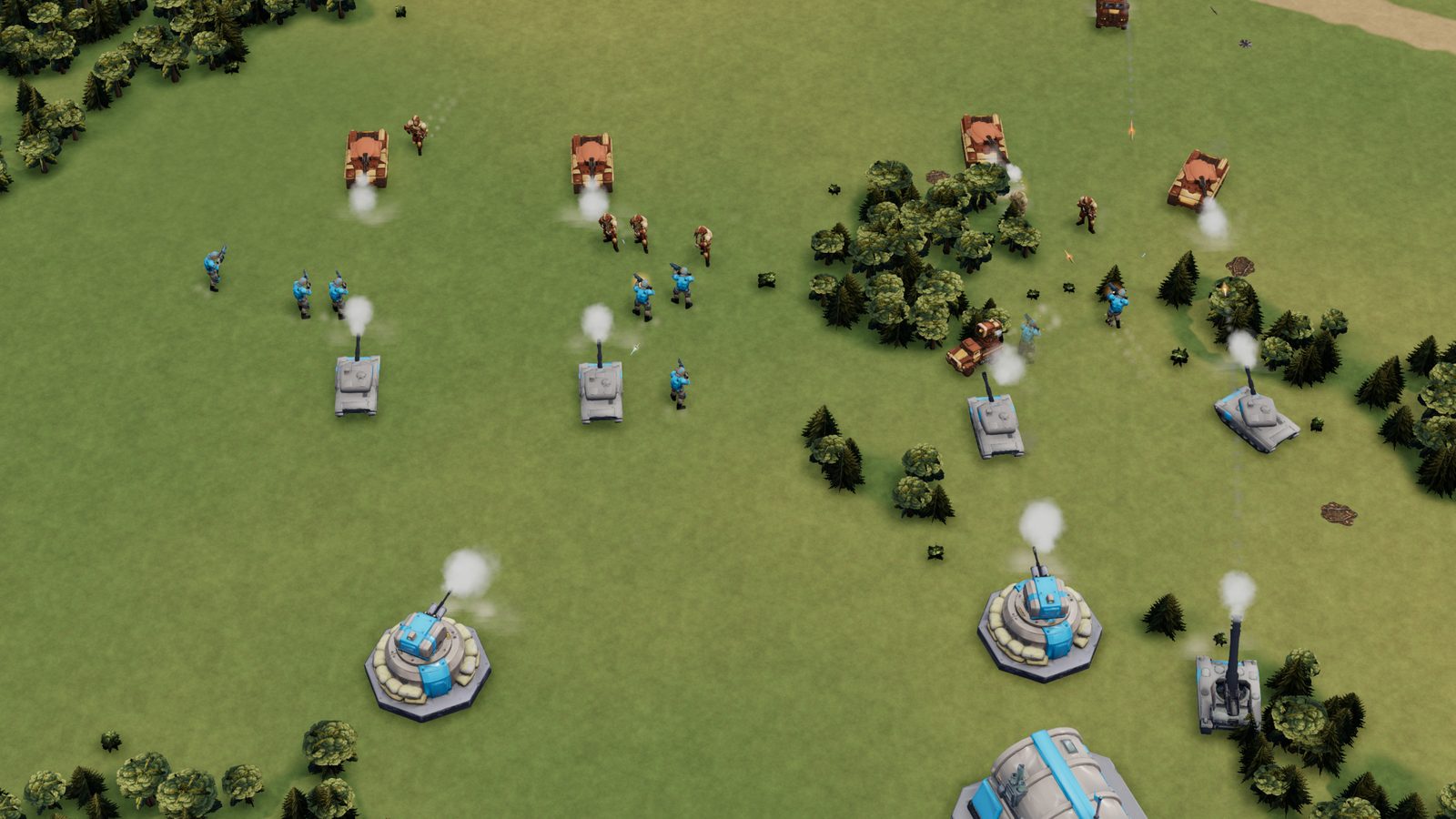Infantry and tanks fighting between turrets on a forest edge