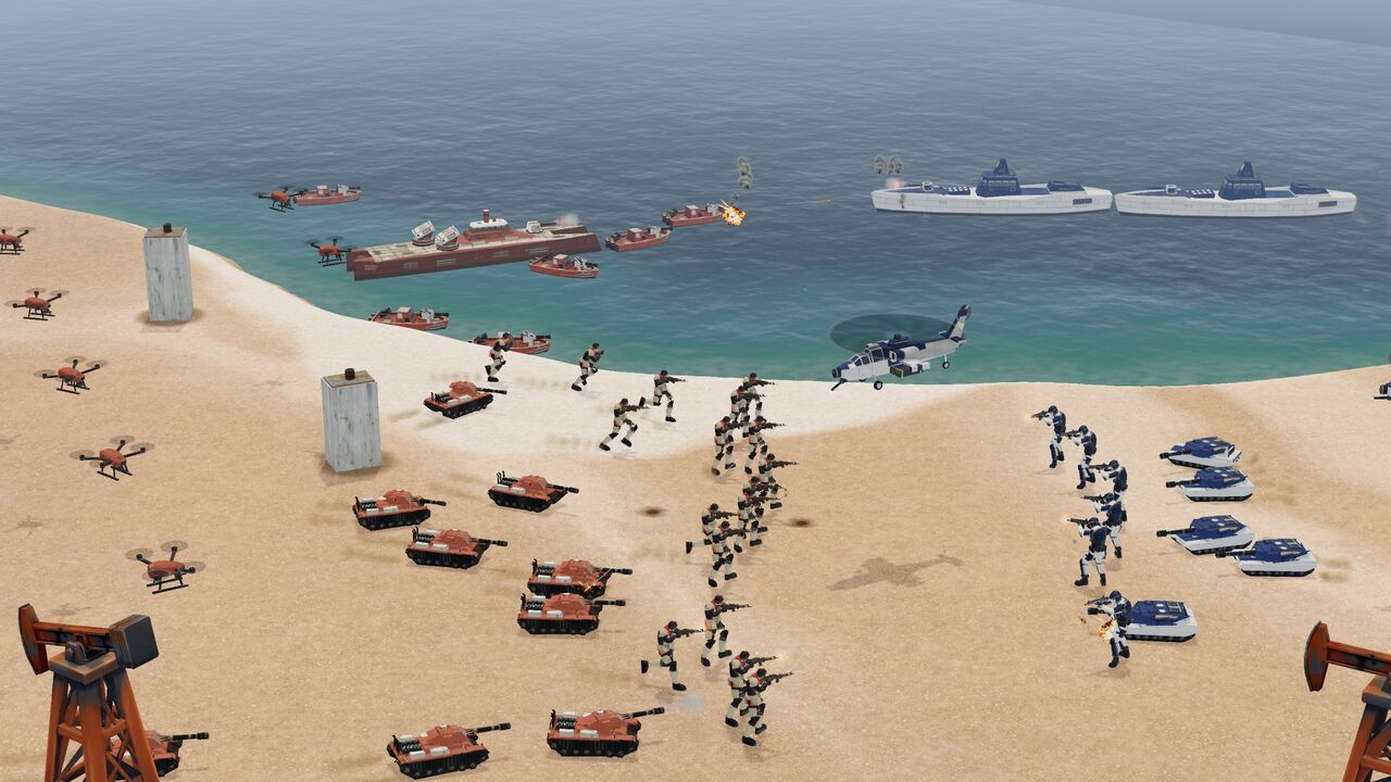 A battle on a desert coast: a crowd of Syndicate riflemen and tanks charges a Coalition line of tanks and infantry, an attack helicopter overhead and destroyers trading fire with gunboats offshore