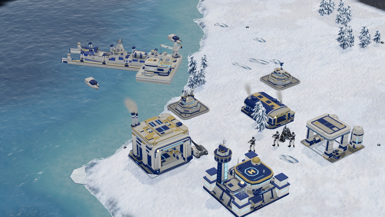 A Coalition base on a snow coast: a destroyer raised in the shipyard's dry dock, refinery and war factory venting smoke, turrets and a helipad