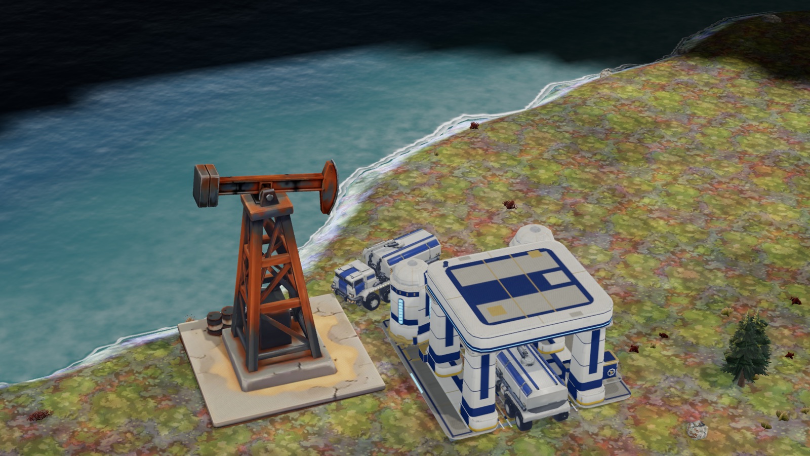 An oil derrick and a refinery on tundra, with a tanker unloading under the canopy