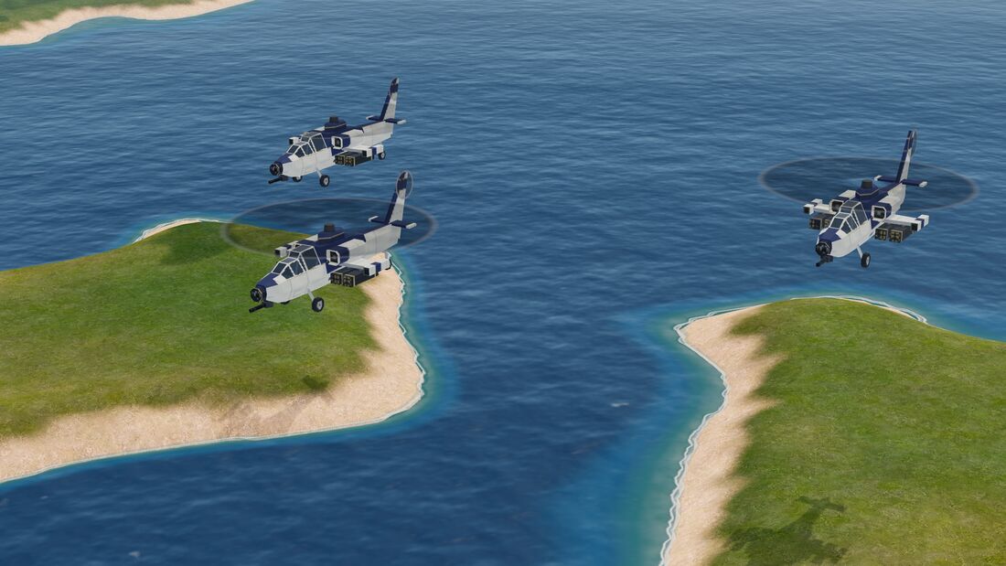 Three Coalition attack helicopters flying low over a strait between two green islands