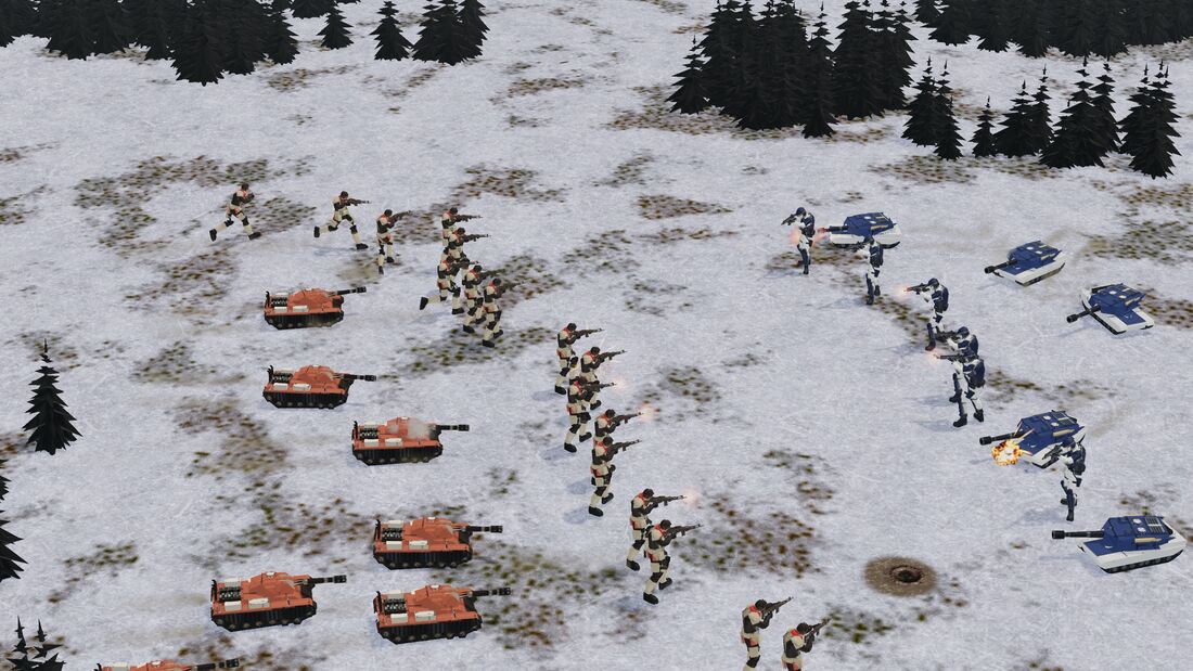 A ground battle in the snow: Syndicate riflemen and tanks against a Coalition line of tanks and infantry