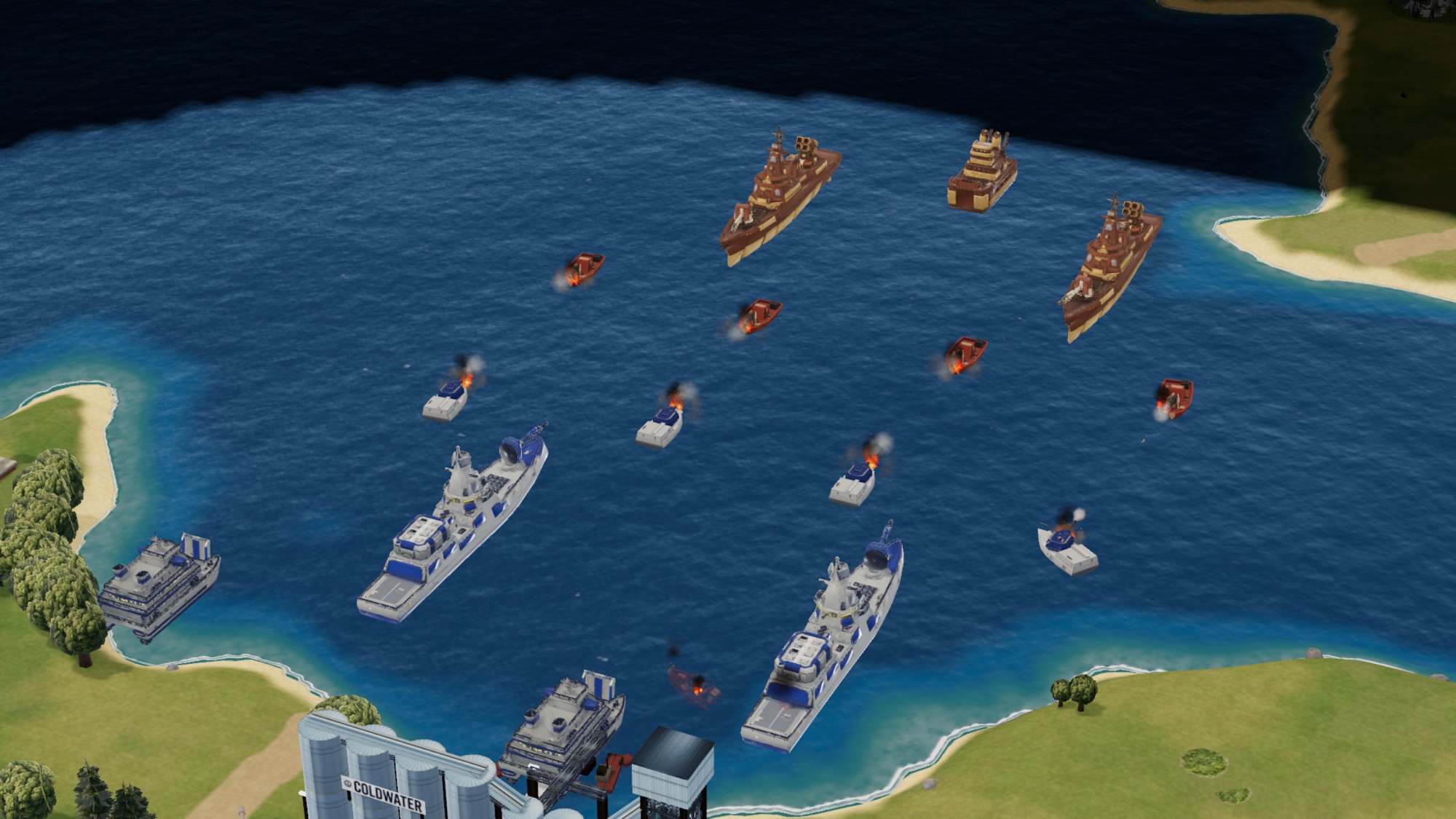Coalition and Syndicate gunboats and destroyers exchanging fire across the Twin Straits, several hulls burning, the Coldwater terminal on the bank