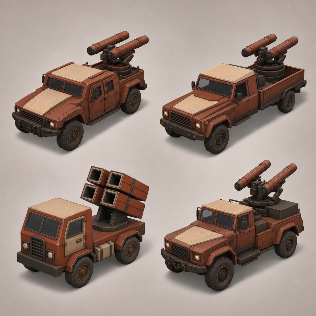 Four anti-air missile truck candidates on one generated sheet