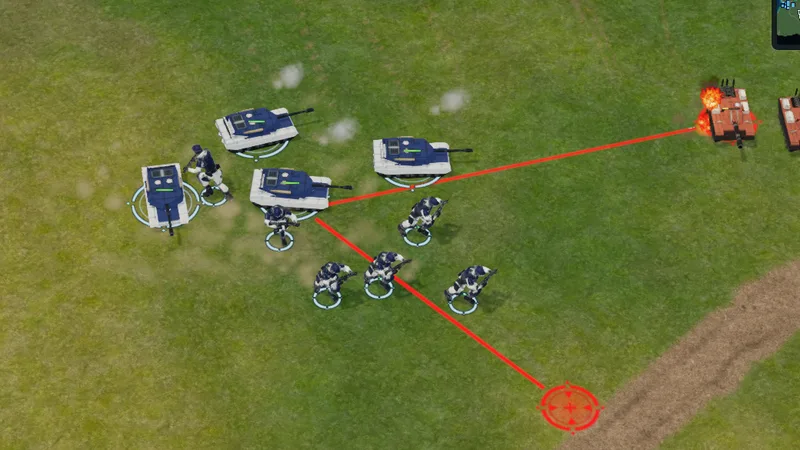 An attack-move order: a red line to a red destination marker