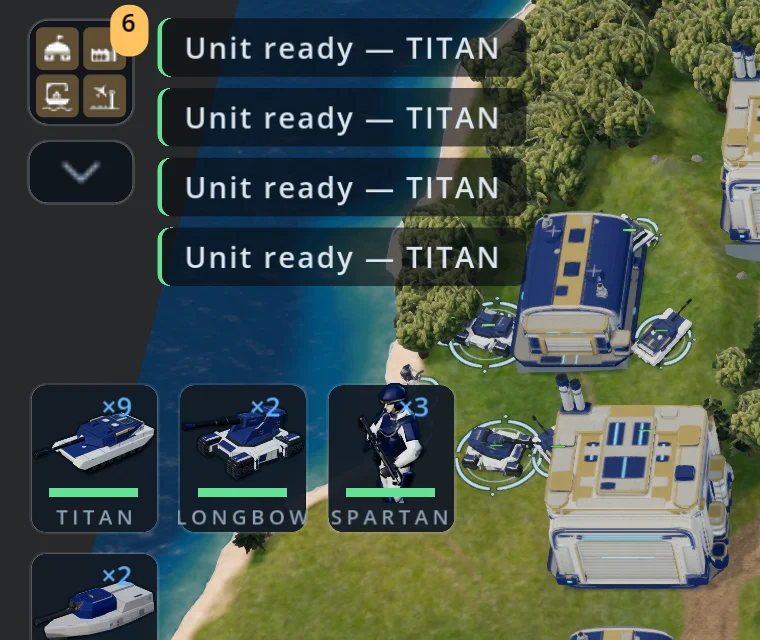 The building list folded into one button showing 6 idle
