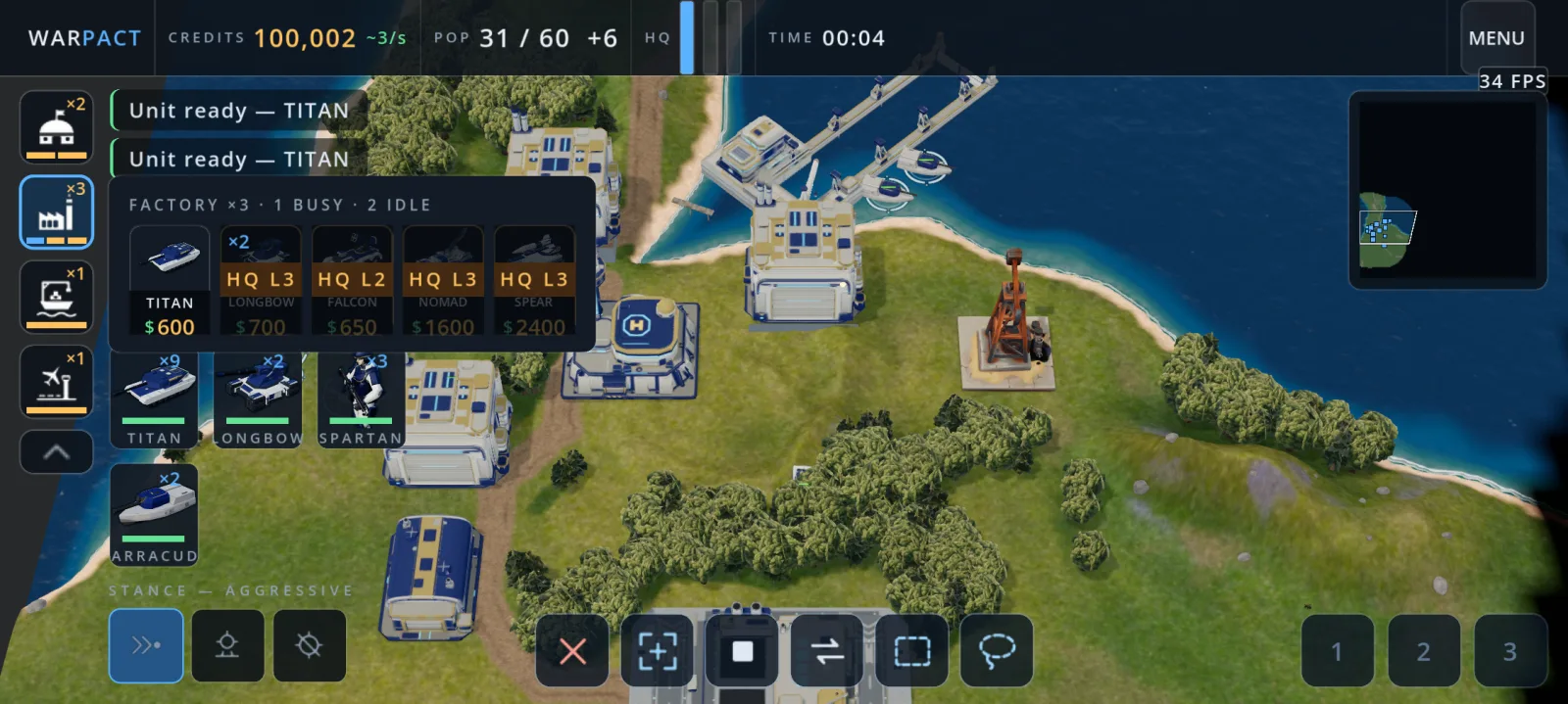 On a phone: the factory list open over the battlefield